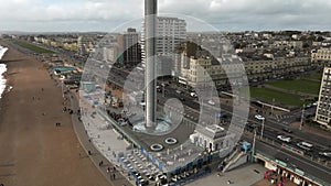 Aerial close up 4k video of British Airways i360 observation deck in Brighton, UK.