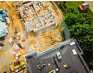 New Constructions Development Site. Urban Construction Site, Aerial View. Rooftops and building