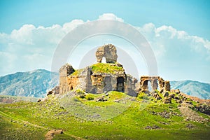 Aerial close up top down view round georgian orthodox Bana cathedral ruins in Turkey. Famous georgian landmark