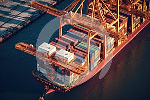 Aerial close up view of a cargo container ship. Fully loaded container ship at the cargo terminal in a seaport, port