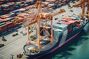 Aerial close up view of a cargo container ship at the pier of cargo seaport. Port cranes stack containers onboard a