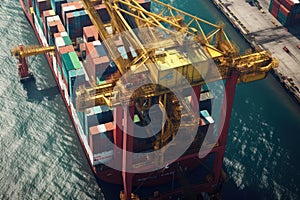 Aerial close up view of a cargo container ship at the pier of cargo seaport. Port cranes stack containers onboard a