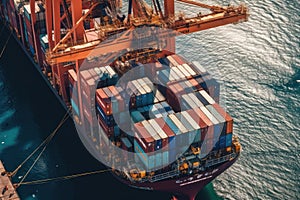 Aerial close up view of a cargo container ship at the pier of cargo seaport. Port cranes stack containers onboard a