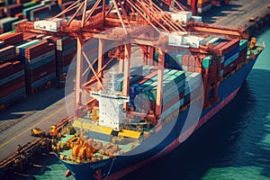Aerial close up view of a container ship at the pier of cargo seaport. Port cranes stack containers onboard a vessel