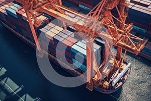 Aerial close up view of a container ship at the pier of cargo seaport. Port cranes stack containers onboard a vessel