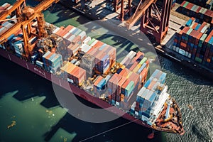 Aerial close up view of a container ship at the pier of cargo seaport. Port cranes stack containers onboard a vessel