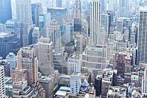 Aerial close up view of crowded buildings in New York City on a sunny day. Construction concept, crowded cities, and apartment