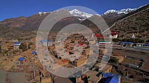 Aerial close up view Himalayas settlement Ngawal village house rooftops in Himalayas. Annapurna circuit trek, Manang