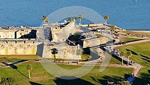 Aerial closeup telephoto panorama Castillo de San Marcos St Augustine FL landmark fort circa January 2024