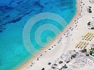 Aerial closeup view of the beach of Mikri Vigla, Naxos island