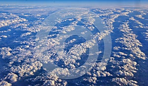 Aerial Cloudscape view over midwest states on flight over Colorado, Kansas, Missouri, Illinois, Indiana, Ohio and West Virginia du