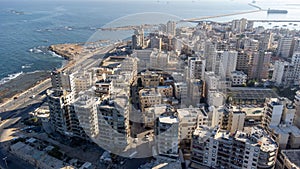 Aerial of the coastal cityscape of Tripoli, the largest city in northern Lebanon