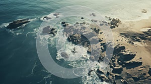 Aerial Coastal View With Rocks, Fog, And Surf photo