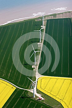 Aerial of a coastal windfarm