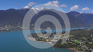 Aerial of Cochamo village, Reloncavi marine strait at Llanquihue National Park, Chile, South America.