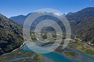 Aerial of Cochamo village, Reloncavi marine strait at Llanquihue National Park, Chile, South America.