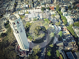 Aerial Coit Tower and Telegraph Hill neighborhood in San Francis