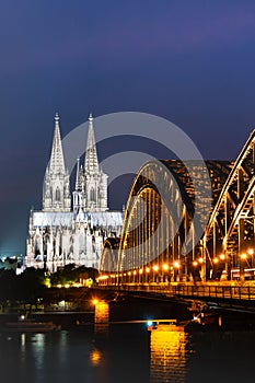 Aerial Cologne Cathedral Hohenzollern Bridge at sunset, Germany