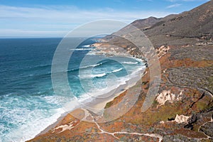 Aerial of Colorful Coastline and Pacific Ocean in California