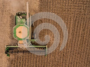 Aerial of a combine harvesting soybeans