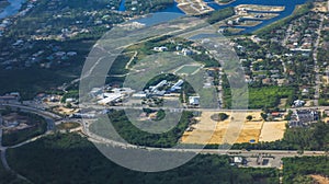 Aerial of community in Grand Cayman Islands with lush greenery