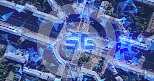AERIAL. Concept footage of digital city and 5g technology. Time-lapse.