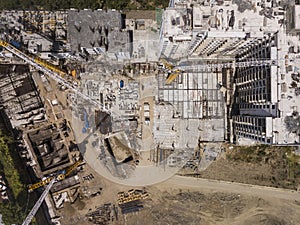 Aerial of a construction site, midrise residential condominiums constructed with prefab concrete.