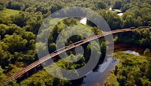 Aerial creek paths bridge boggy view village green vegetation railway going Top River Landscape Sky Town Line Railroad Water