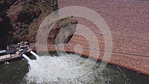 an aerial descending clip of the water outlet of lake argyle dam