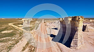 Aerial of desert road with large white rock pillars