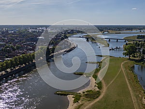 Aerial of Deventer and the IJssel river, part of the room for the river high water protection program