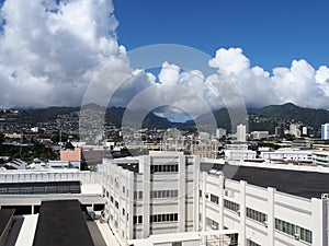 Aerial of Dole Cannery and Nuuanu leading to the Mountains