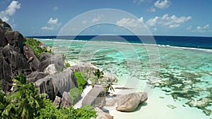 Aerial dolly over Anse Source d`Argent, La Digue Island, Seychelles