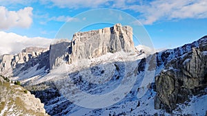 Aerial of dolomites on passo giau in. Aerial Mountain coverend in Snow. Drone shot 4K