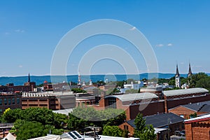 Aerial of Downtown Frederick and Carrol Creek Promenade in Frederick, Maryland