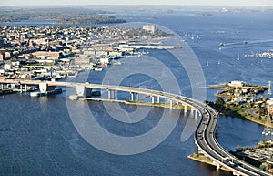 Aerial of downtown Portland, Maine showing Maine Medical Center, Commercial street, Old Port, Back Bay and the Casco Bay Bridge fr photo