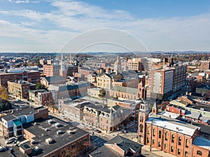 Aerial of Downtown York, Pennsylvania next to the Historic District in Royal Square