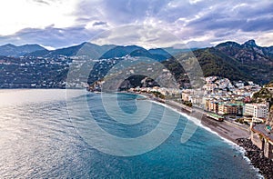 Aerial drome sunset view of resort village Minori Amalfi coast Italy