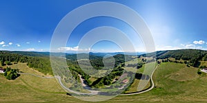 Aerial drone 360-degree panoramic view of Vosges mountains. Alsace