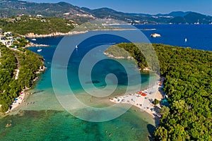 Aerial drone bird`s eye view of Bella Vraka Beach with turquoise sea in complex islands in Sivota area, Ionian sea, Epirus, Greec
