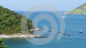 Aerial drone bird`s eye view photo of tropical sea with Beautiful island