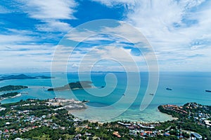 Aerial drone bird`s eye view photo of tropical sea with Beautiful island at phuket thailand