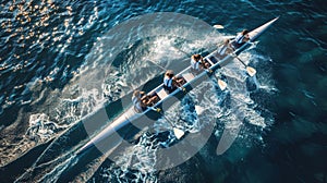 Aerial drone capture of synchronized canoe rowing team competing in vast blue sea