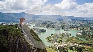 Close up aerial drone view of PeÃÂ±ÃÂ³n of GuatapÃÂ© in Colombia photo