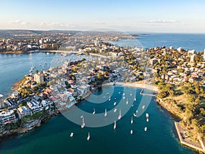 Aerial drone evening view of Manly, a beach-side suburb of northern Sydney in the state of New South Wales, Australia.
