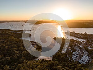 Aerial drone evening view of the Sydney suburb of Manly & Collins Beach, a beach-side suburb of northern Sydney.