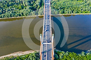 Aerial Drone Flight top down View of freeway busy city rush hour heavy traffic jam highway. Aerial view of the vehicular