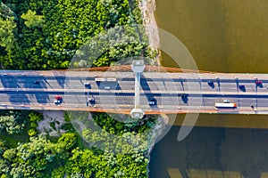 Aerial Drone Flight top down View of freeway busy city rush hour heavy traffic jam highway. Aerial view of the vehicular