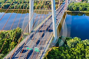 Aerial Drone Flight top down View of freeway busy city rush hour heavy traffic jam highway. Aerial view of the vehicular