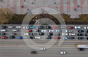 aerial drone flight top down view of freeway busy city rush hour heavy traffic jam highway. Aerial view of the vehicular